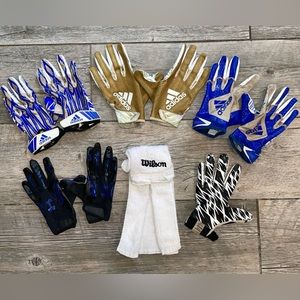 Adult/Teen Various Size Football Receiver Gloves & Towel LOT ADIDAS UNDER ARMOUR